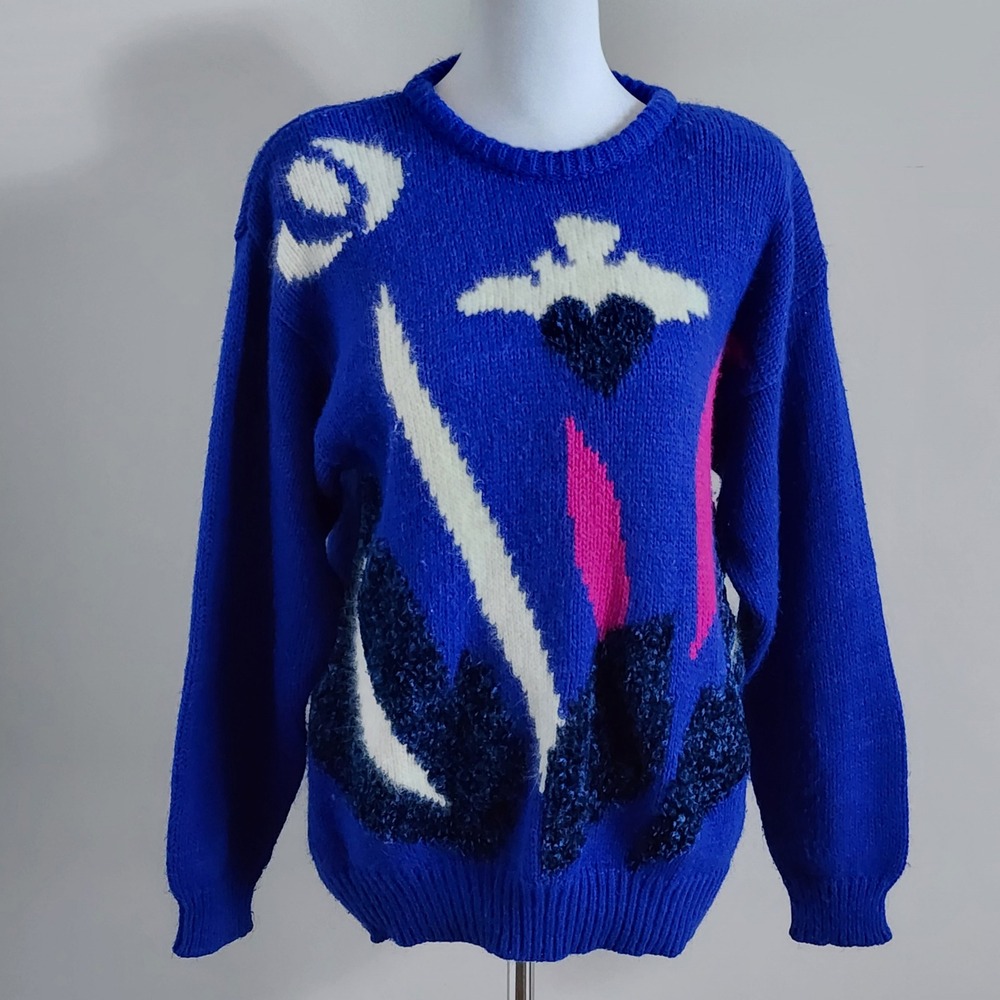 Vintage Abstract Intarsia Knit Sweater Womens M Blue Angora Blend Avant Garde